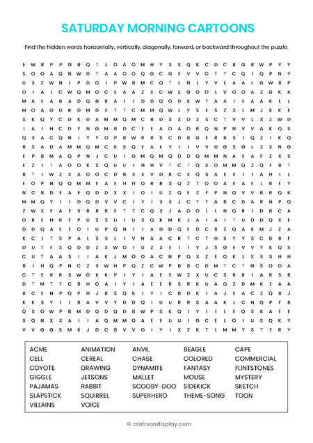 Saturday Morning Cartoons word search puzzle printable
