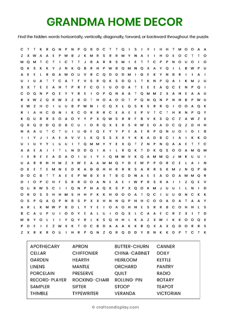 Grandma's Home Decor word search puzzle free