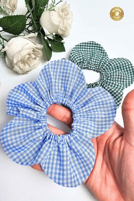 flower hair scrunchie in gingham cotton fabric