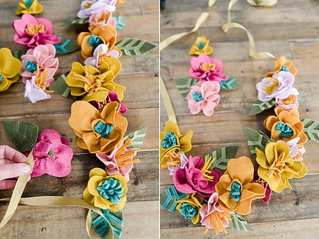 Soft Felt Flowers: A cluster of ruffled, realistic felt flowers in varying shades of yellow, pink and cream with decorative stitching