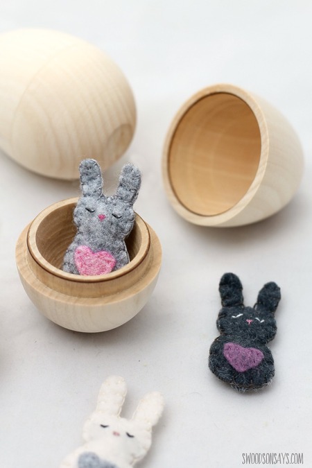 Swoodson Says Mini: A tiny, hand-stitched felt bunny resting inside a purple plastic Easter egg