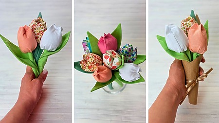 Fabric Tulips: 3D sewn fabric tulips with a green stem and leaves