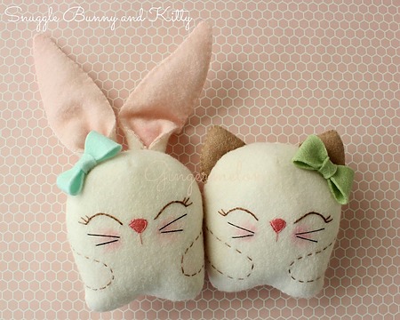 Gingermelon Snuggle Bunny: Plump, pastel-colored felt bunnies in a Kawaii style with small stitched eyes