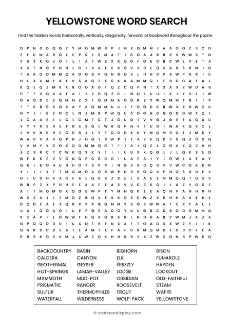 Yellowstone: Geysers & Grizzly Bears - free word search printable