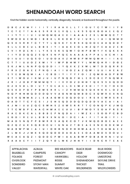 Shenandoah: Blue Ridge & Skyline Drive free word search puzzle