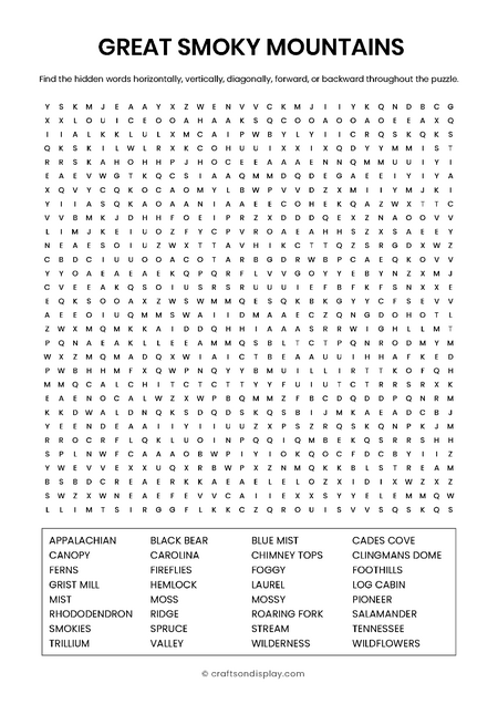 Great Smoky Mountains: Mist & Wildflowers word search puzzle