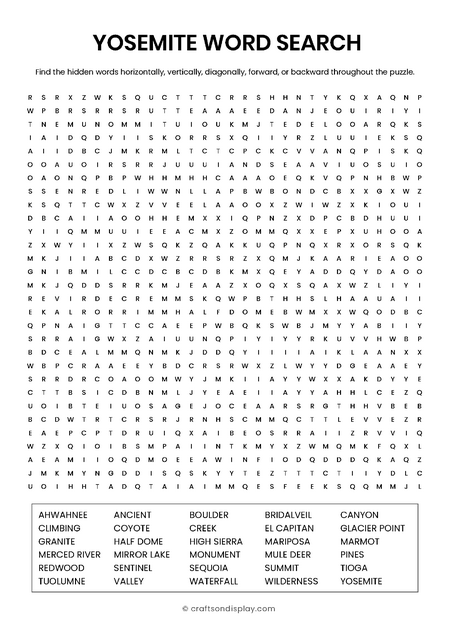 Yosemite: Granite Giants & Waterfalls word search free printable