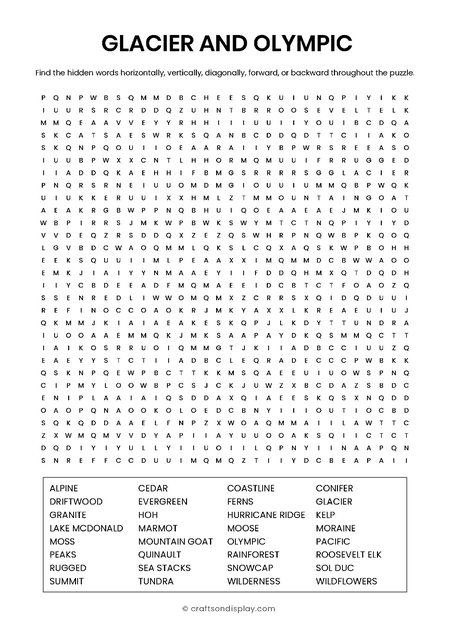 Glacier & Olympic: Peaks & Rainforests word search puzzle with answer key