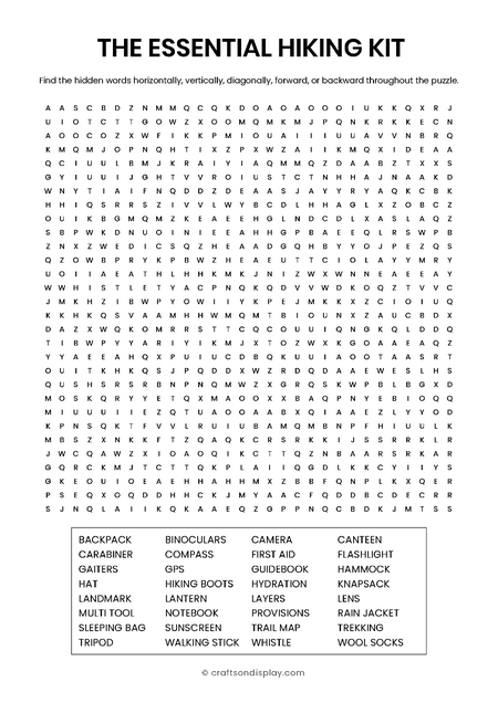 The Essential Hiking Kit word search free printable