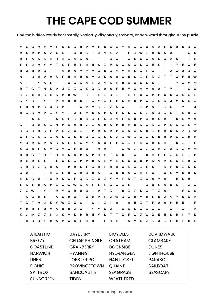 Giant 30x30 word search puzzle for adults featuring Cape Cod summer themes like hydrangeas, lighthouses, and boardwalks. Professional PDF layout with a separate answer key