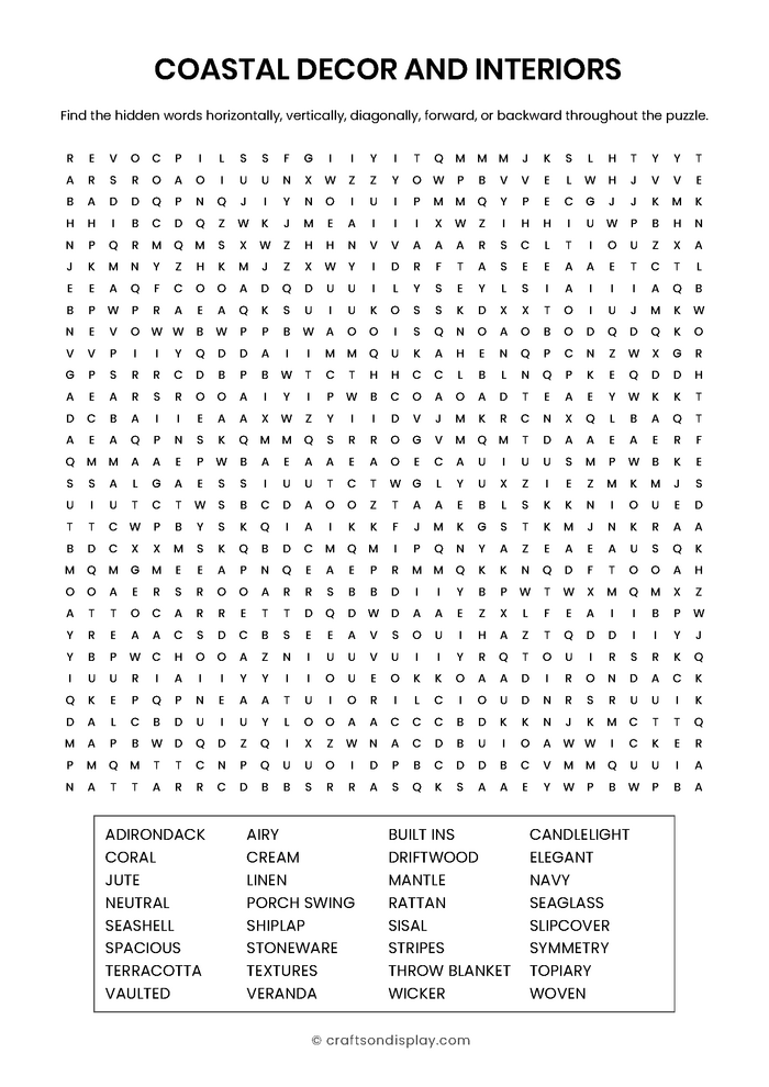Expert-level coastal grandmother decor word search. Includes 32 design terms like rattan, shiplap, and linen in a large printable grid for seniors