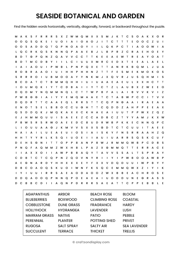 Printable giant word search about seaside gardening and coastal flowers like beach roses and lavender. High-resolution 30x30 grid for adult puzzle lovers
