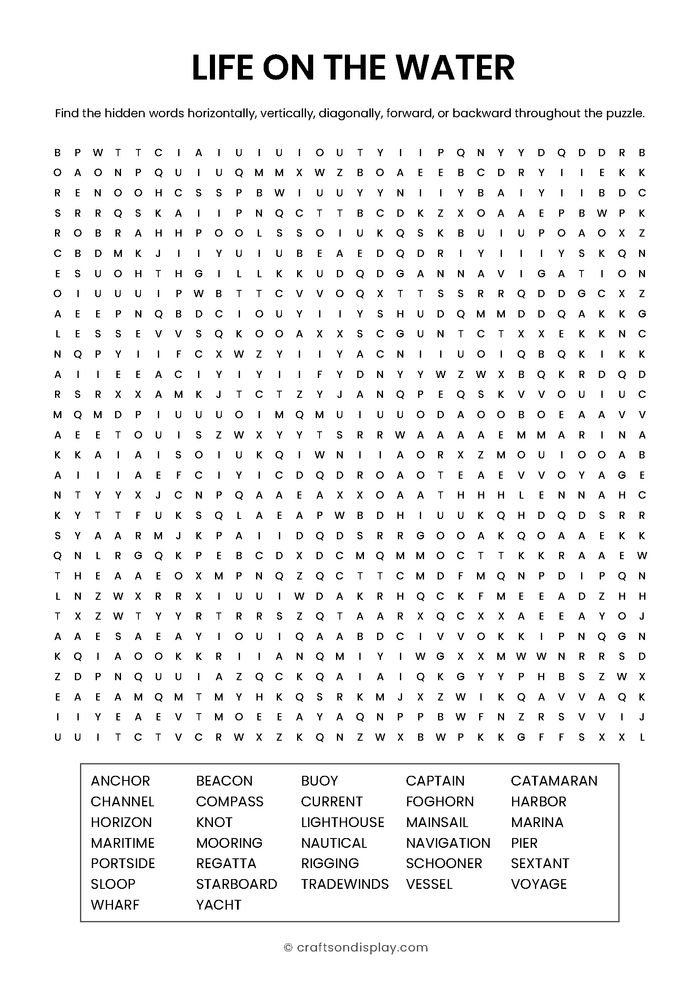 Nautical-themed expert word search puzzle for adults. Features 32 sailing and navigation terms including schooner, sextant, and harbor