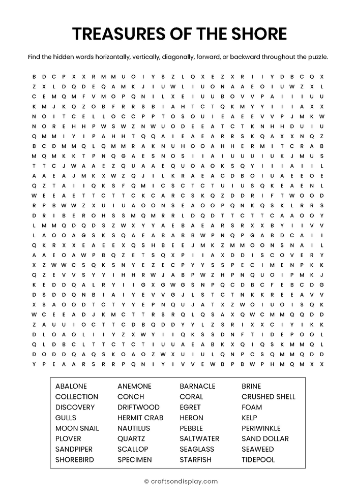 Hard beachcombing word search puzzle featuring seaglass, driftwood, and seashells. Large print 30x30 grid designed for relaxing seaside living