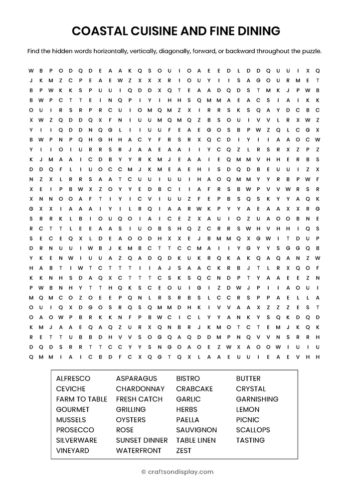 Sophisticated seafood and coastal dining word search for adults. Includes terms like chardonnay, oysters, and alfresco in a giant printable format