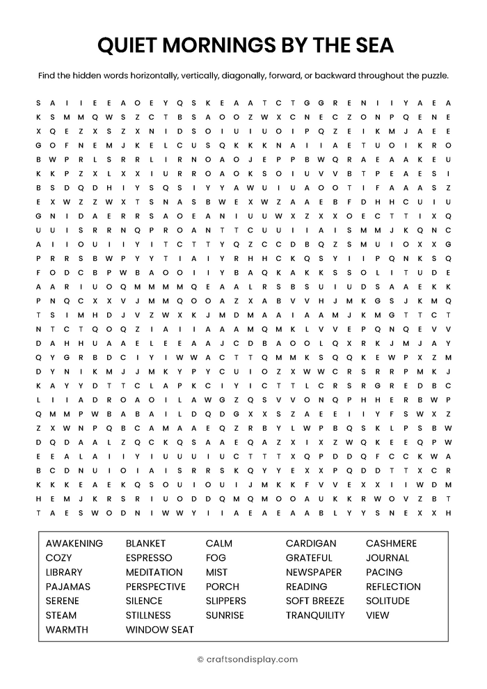 Mindfulness-focused coastal living word search puzzle. Large grid featuring slow-living terms like sunrise, cashmere, and tranquility