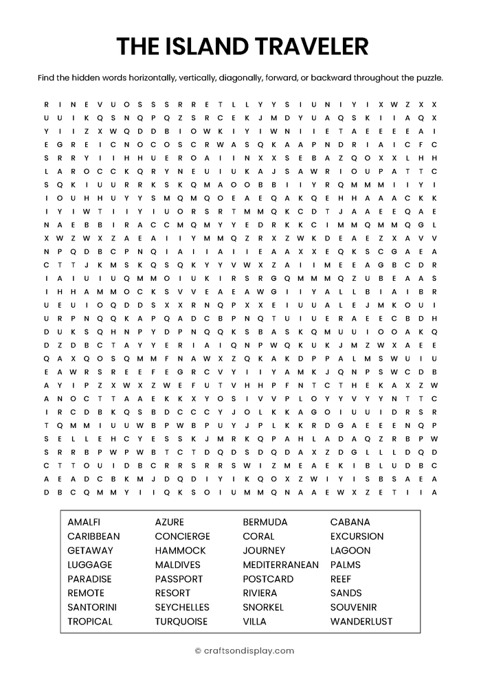 Giant tropical island travel word search for expert solvers. Features 32 luxury travel terms including villa, lagoon, and concierge