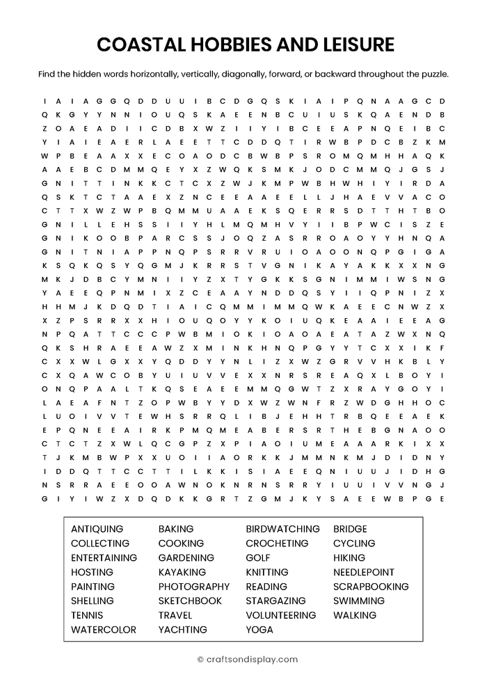 Adult word search puzzle featuring seaside hobbies like watercolor painting, birdwatching, and shelling. Professional 30x30 grid with answer key