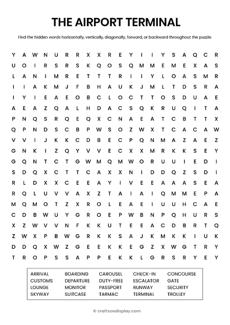 Printable 20x20 travel word search puzzle for adults featuring airport terms like concourse and tarmac. A quick challenge for short flights