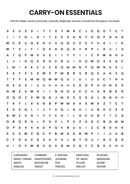 Small 20x20 word search puzzle for traveling. Includes 20 carry-on items like headphones and passport in a clear printable PDF format