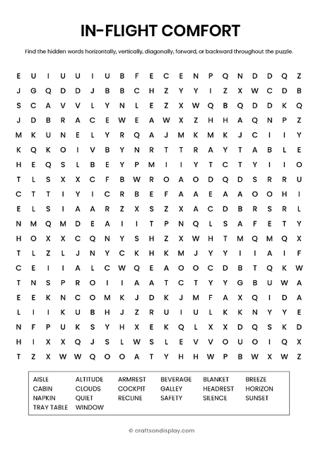 Easy-to-read 20x20 airplane word search puzzle. Features 20 words focused on flight relaxation and cabin comfort
