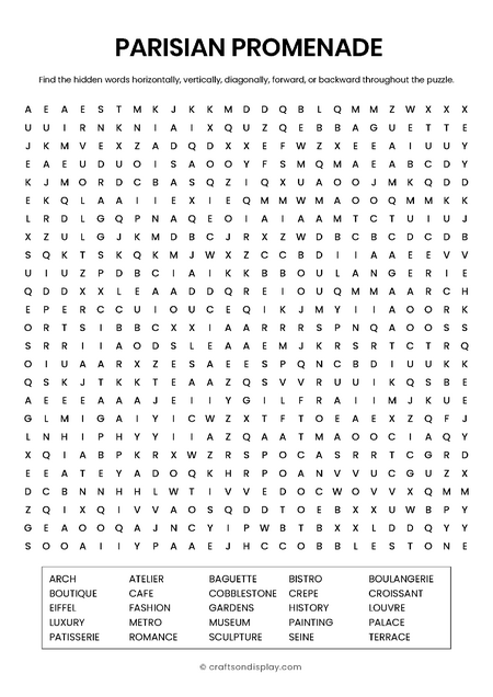 Mid-sized 25x25 Paris travel word search puzzle for adults. Features 25 French-themed words like Louvre and Patisserie