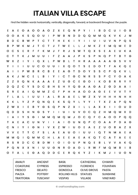 Intermediate 25x25 Italy themed word search puzzle. Printable grid featuring 25 words about Tuscany, vineyards, and Italian culture