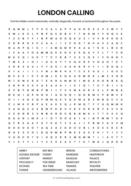 25x25 London travel word search for adults. Expertly designed PDF grid with 25 words including Westminster, Thames, and double-decker