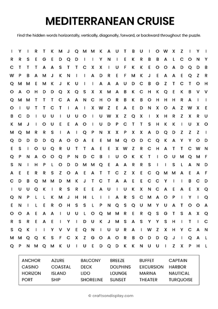 Nautical 25x25 cruise ship word search puzzle. Includes 25 words about Mediterranean ports and sailing in a printable layout