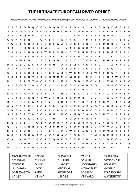 Giant 30x30 river cruise word search puzzle for expert adults. Features 30 words about the Rhine and Danube rivers in a master-level grid