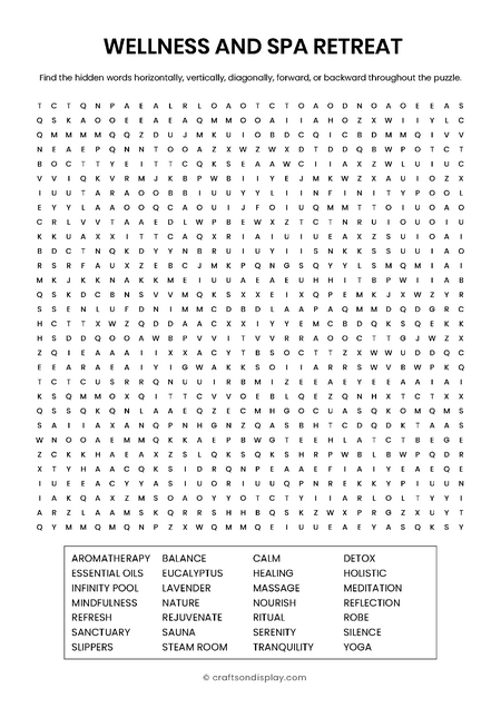 Master-level 30x30 spa and wellness word search puzzle. A giant printable grid featuring 30 relaxation terms for long-haul flights