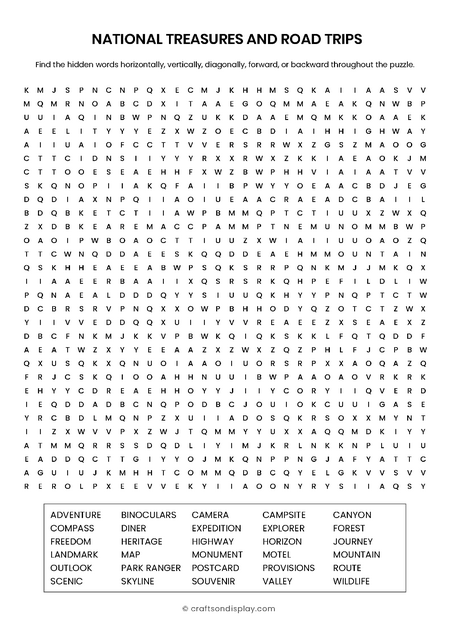 Giant 30x30 American road trip word search puzzle. Master-level challenge for adults with 30 words about national landmarks and travel