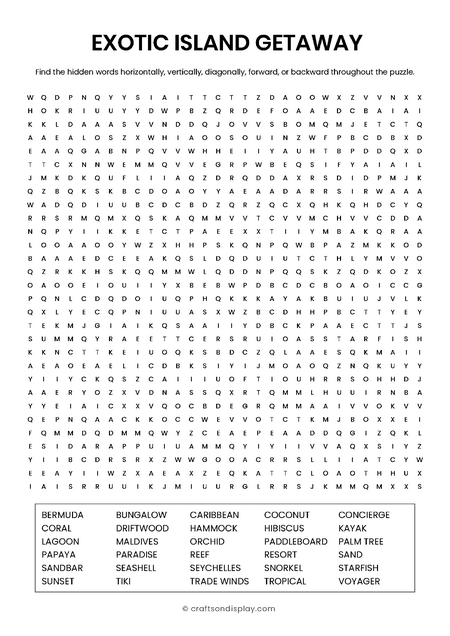 Expert 30x30 tropical island word search puzzle for adults. Features 30 exotic travel words like lagoon and bungalow in a giant printable PDF