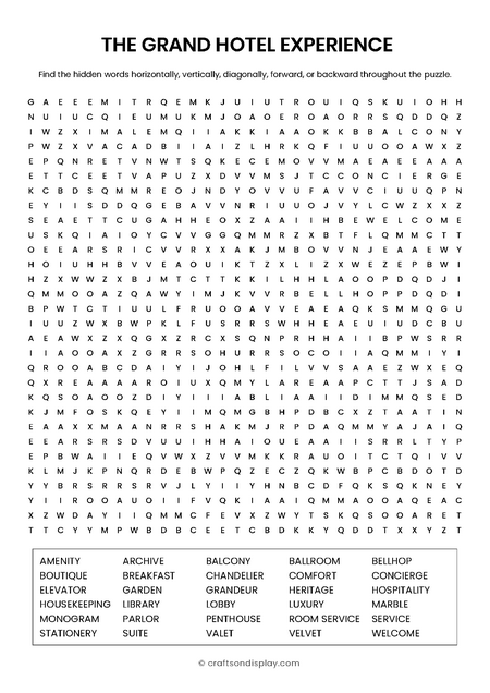 Large 30x30 luxury hotel word search puzzle. Sophisticated master-level grid with 30 words about high-end hospitality and grand hotel stays