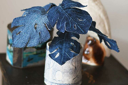 Upcycled jeans denim monstera leaf tutorial - DIY fake tropical plant from old clothes