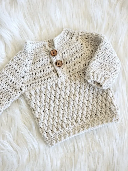 Textured crochet baby boy sweater pattern - How to crochet a top down henley baby sweater