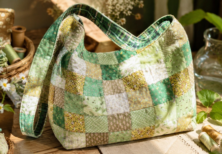 Free green patchwork tote bag sewing tutorial - Easy DIY quilted scrap bag from Thuy crafts